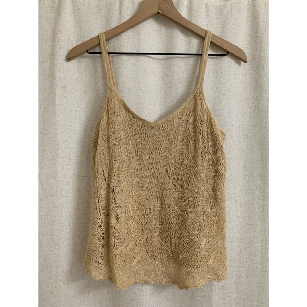 Lauren Ralph Lauren 100% Linen Camel Beige Knit Lace Pattern Camisole Top Medium